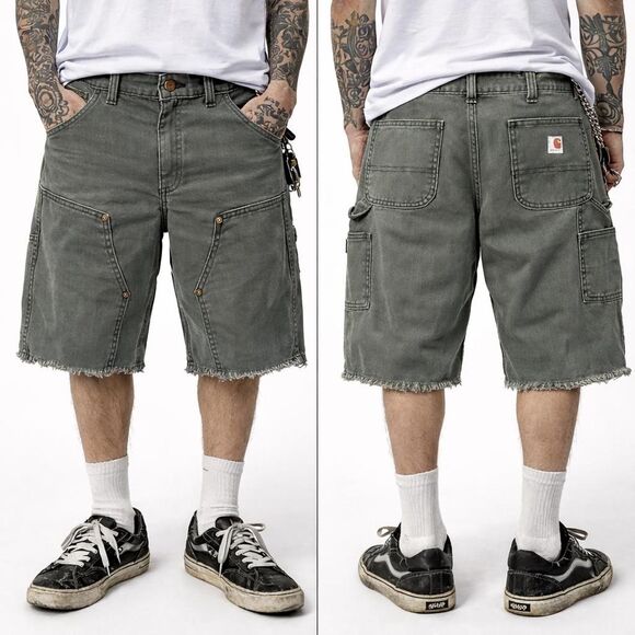 Carhartt Slim Fit Cargo Raw Hem Shorts Green Canvas Workwear Mens 12 Regular - Picture 1 of 7